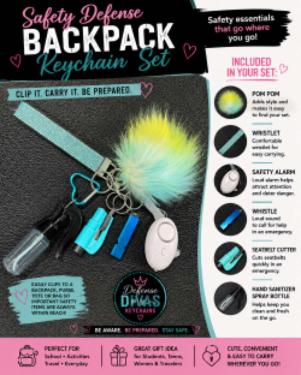 🛡️ School Safety Keychain Set for Students – Personal Safety Alarm, Whistle & Emergency Seatbelt Cutter