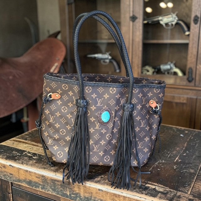 CC Western Monogram Fringe Tote Bag – Brown & Turquoise