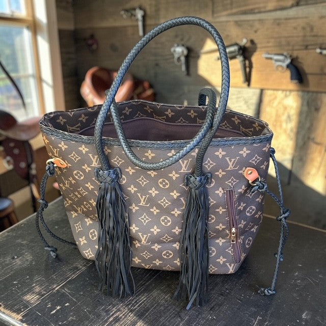CC Western Monogram Fringe Tote Bag – Brown & Turquoise