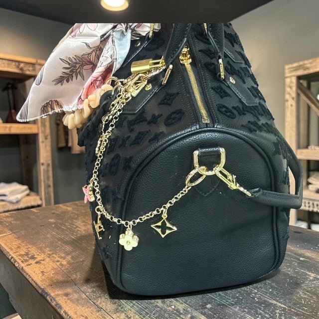 Black Monogram Velvet Satchel Handbag with Silk Scarf & Charm Accessories