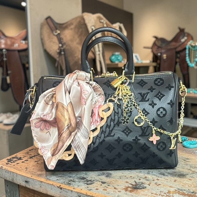 Black Monogram Velvet Satchel Handbag with Silk Scarf & Charm Accessories