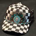 Black & White Checkered Trucker Hat with Turquoise Concho & Feather Accent | Western Cowgirl Cap