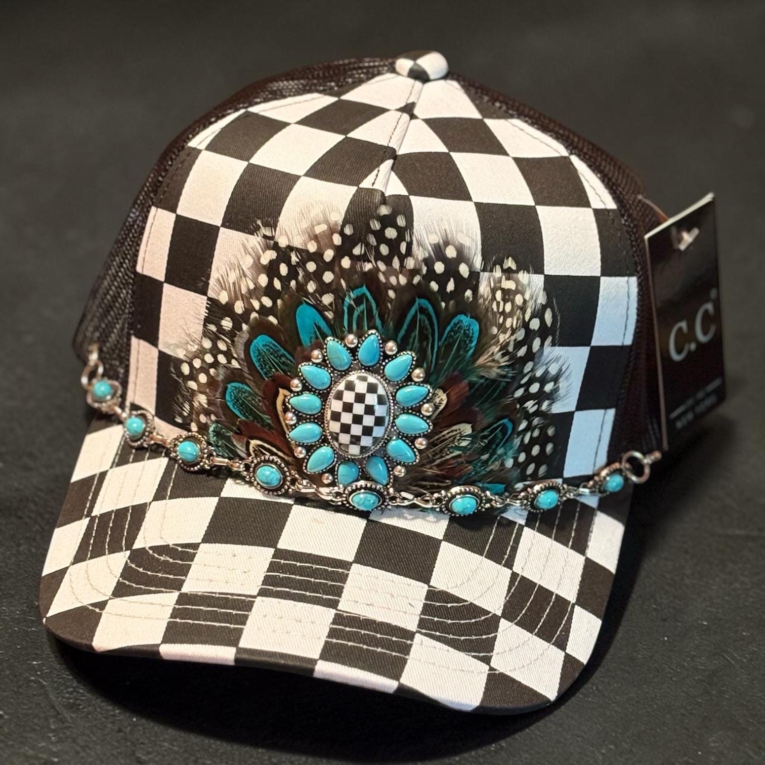 Black & White Checkered Trucker Hat with Turquoise Concho & Feather Accent | Western Cowgirl Cap