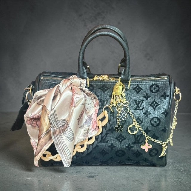 Black Monogram Velvet Satchel Handbag with Silk Scarf & Charm Accessories