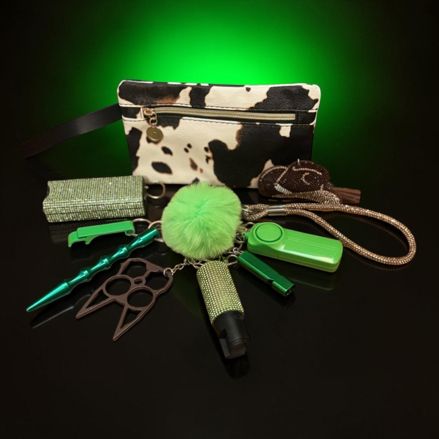 Emerald Cowhide Safety Defense Keychain Set with Matching Cow Print Wristlet & Pouch