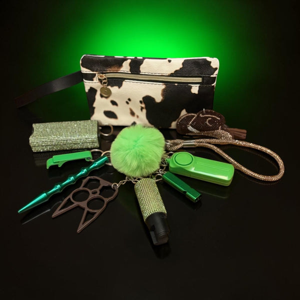Emerald Cowhide Safety Defense Keychain Set with Matching Cow Print Wristlet & Pouch
