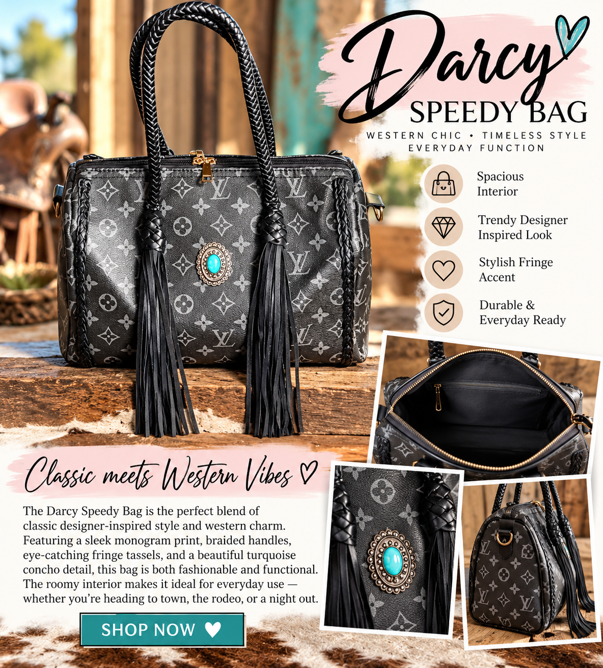 Darcy Speedy Bag- Black Monogram Western Fringe Handbag with Turquoise Accent