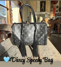 Darcy Speedy Bag- Black Monogram Western Fringe Handbag with Turquoise Accent