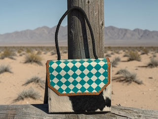 Teal Checkered Cowhide & Leather Purse | Defense Divas