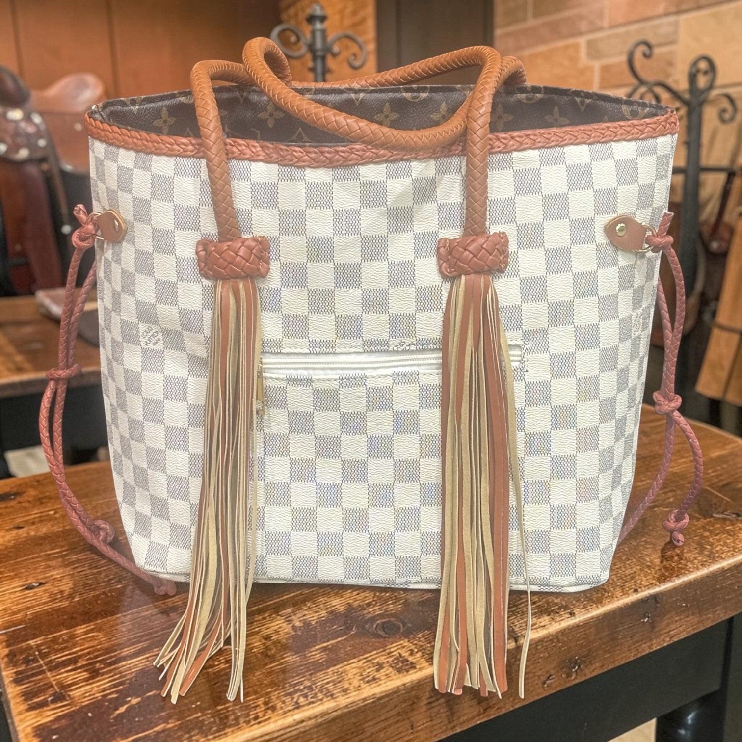 Gorgeous White Checkered Tote Bag with Braided Leather Details & Fringe