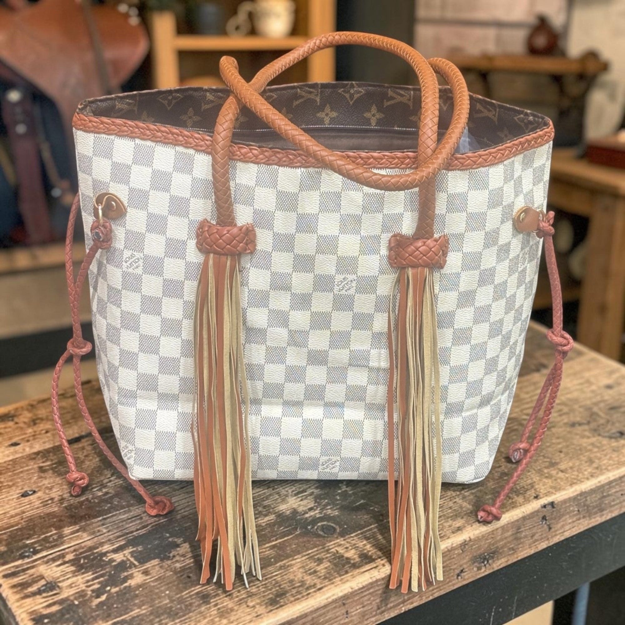 Gorgeous White Checkered Tote Bag with Braided Leather Details & Fringe